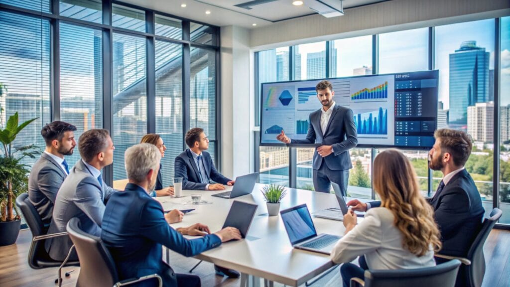 business meeting modern office with man presenting data large screen