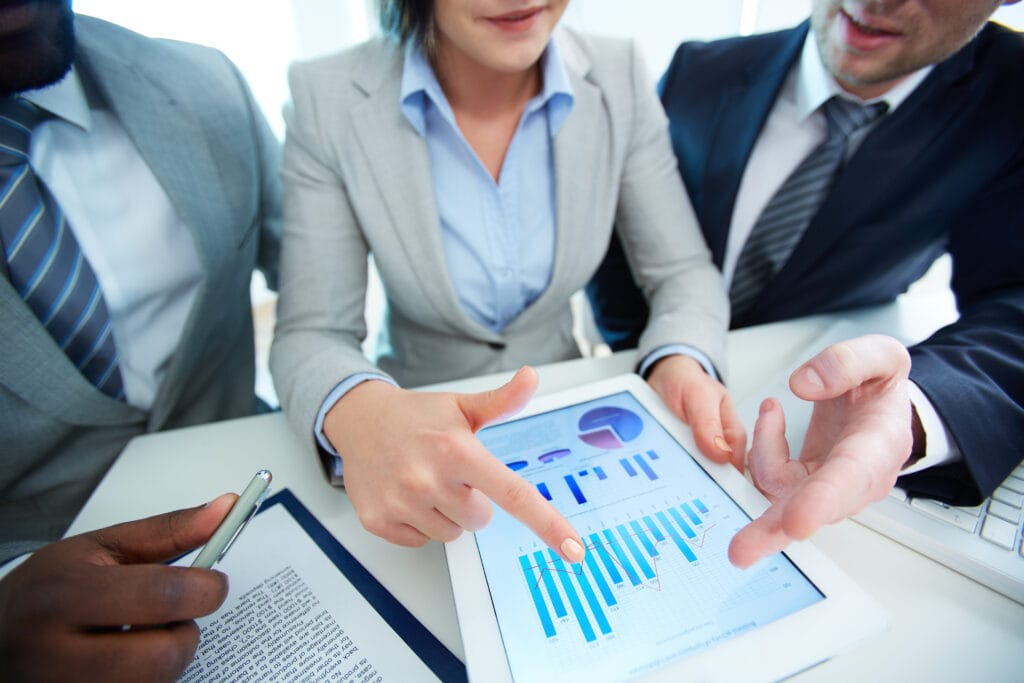 Business report businesswoman pointing increase sales