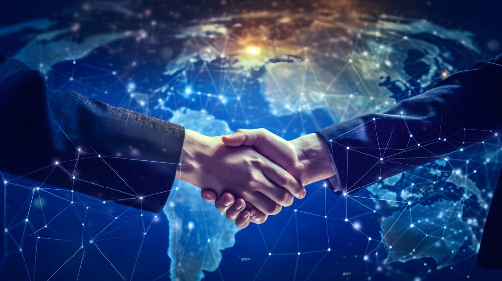 Factoring internacional 1 vecteezy businessman shaking hands with hologram globe map 26718668